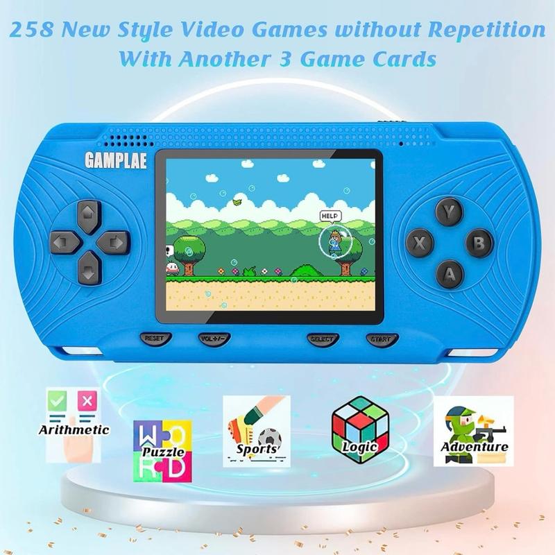 Handheld Games for Kids, Handheld Game Console Built-in 258 HD Classic Retro Games Rechargeable Battery, 3.0'' Large Screen, TV Output Retro Game Console Birthday Xmas Toy Gift for Boys Girls, (Blue) Cable Shell Protection