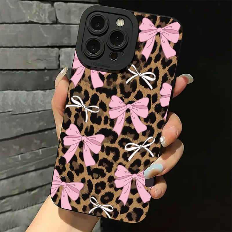 Cute Bow & Leopard-print Pattern Phone Case, Anti-drop Cellphone Protective Case, Total Protective Shockproof Mobile Phone Cover for iPhone 15 Pro Max 14 13