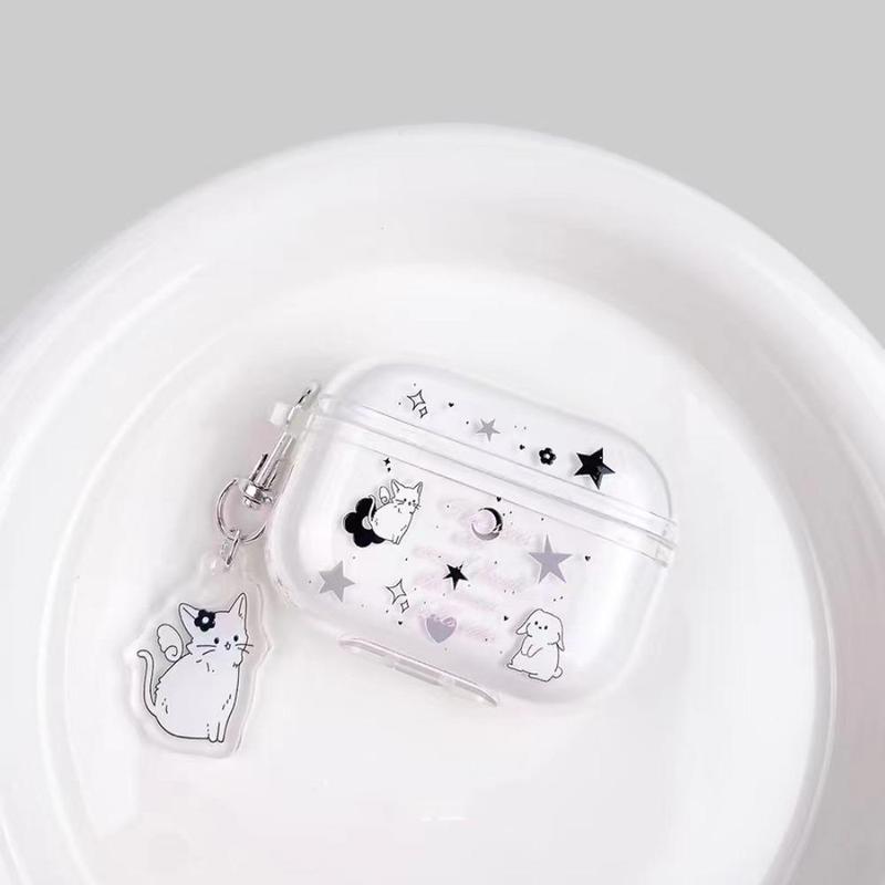 Cute Cartoon Cat Pattern Earphone Case with Keychain, 1 Count Transparent Earphone Protective Cover Compatible with Airpods