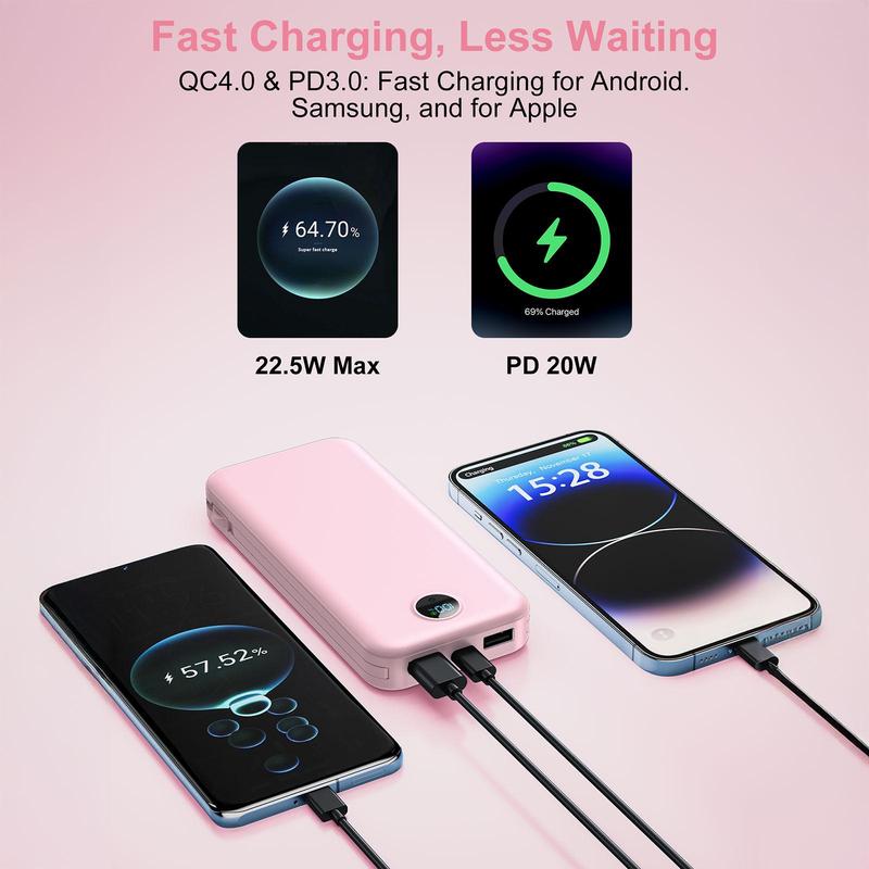 12000mAh Slim Fast Charging USB C Power Bank, 1 Count Portable Power Bank with Built-in Cables & AC Wall Plug, Travel Essential Battery Pack with LED Display