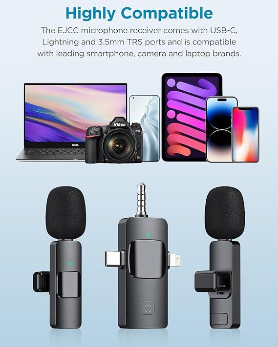 4 in 1 Wireless Microphone for iPhone, Camera, Android, iPad, USB C Microphone, 2.4G Ultra-Low Delay Cordless Smartphone