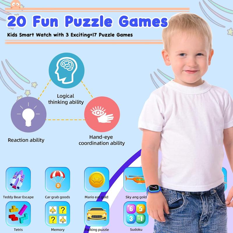 Kids Watch Gift for Boys Ages 8-10 Smart Watches HD Touch Screen with 20 Puzzle Games Camera Video Music Alarm Calculator, Birthday Toys for 4 5 6 7 8 9 10 Year Old(Blue)