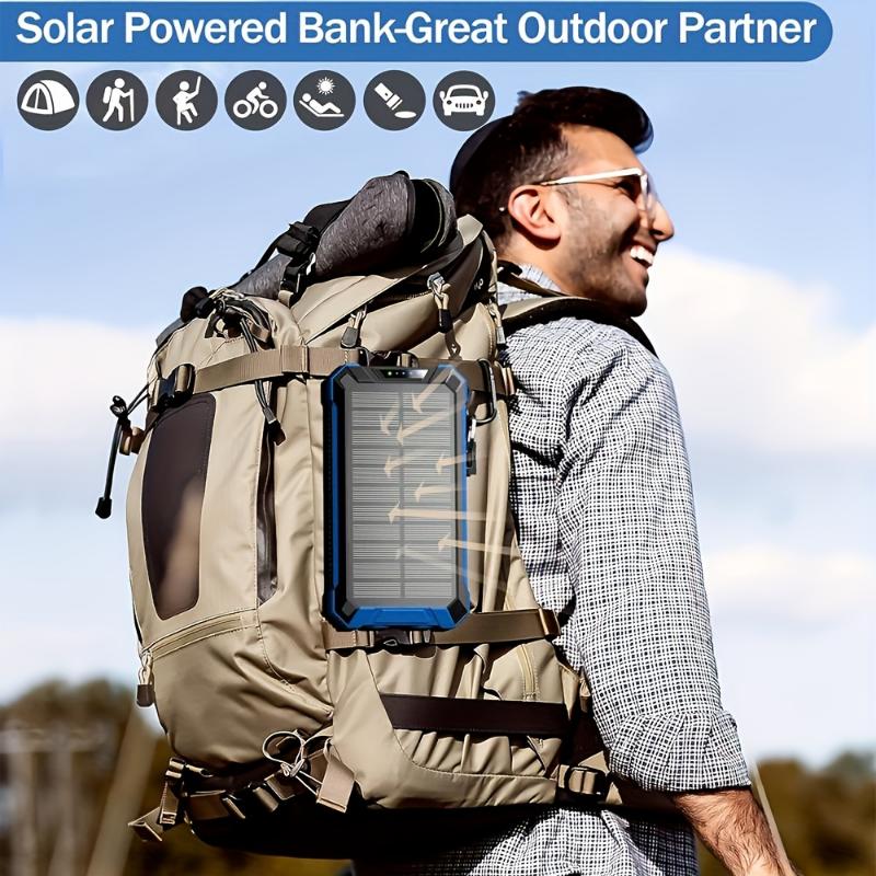 36000mAh Solar Power Bank with 4 Cables, 15W Fast Charging, 6 Outputs, Dual Flashlights, Carabiner for All Mobile Devices