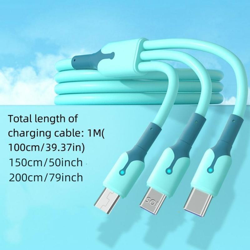 3-in-1 12W Liquid Lighting Mobile Phone Charger Cable Data Transmission Cable, Fast Charge Cable with USB Port A, Compatible with iPhone Android Smartphone Tablet