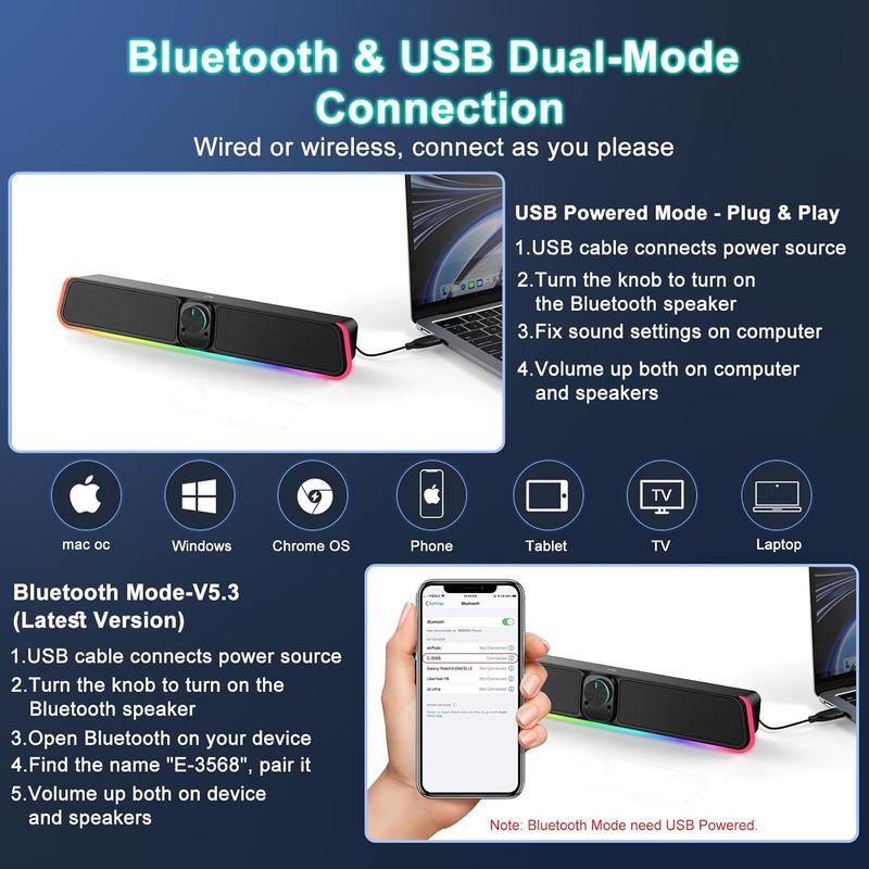 Computer Speakers - Wired USB   Computer Sound Bar with RGB & Volume Knob, HiFi Stereo Portable Gaming Sound Bar Speaker for Desktop Monitor, PC, Laptop, Tablets,  Air Pro