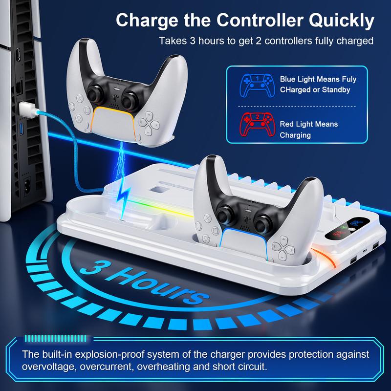 Ponkor Cooling Stand Compatible with PS5, Cooling Station for PS5 & PS5 Slim Console Disc Digital Edition, Charging Station with Dual Controller Charger, 3 Levels Cooling Fan, 3 USB Hubs & Headset Holder