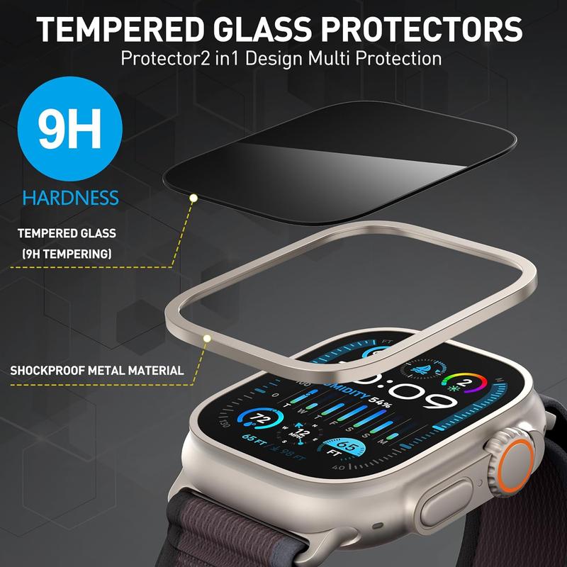 2-pack for Apple Watch ultra Ultra 2 49mm privacy screen protector, [Anti-peeping] Ultra-Thin Full Coverage Tempered glass screen protector for iWatch ultra Ultra 2 49mm-Titanium + titanium