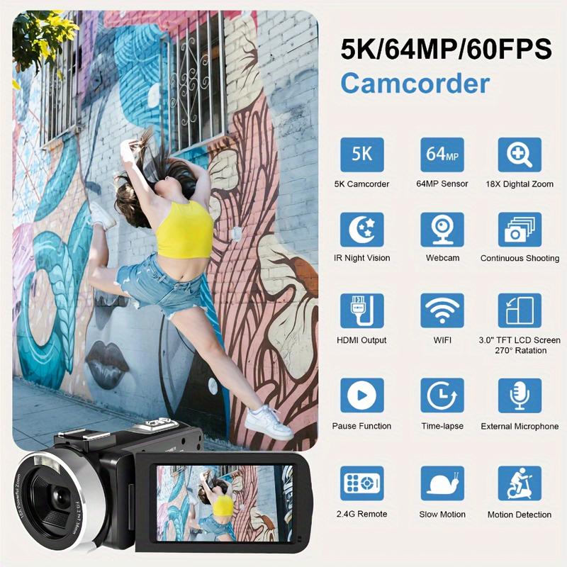 5K Video Camera, 48mp UHD WiFi Infrared Night Vision Vlogging Camera, 16x Digital Zoom Touch Screen Vlog Camera with External Microphone, Lens Cover, Stabilizer, Remote Control, 2 Batteries, Remote Control Batteries Not Included