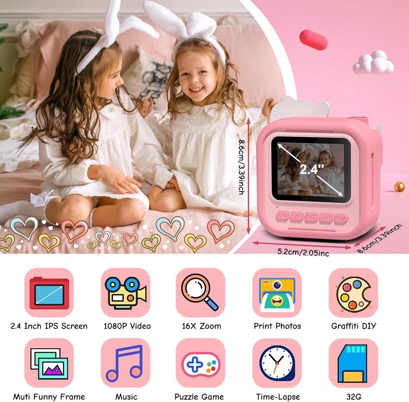 Kids Camera Instant Print, 2.4 Inch IPS Screen 12MP 1080P Digital Camera for Kids, Birthday Gifts for 3-12 Year Old Girls, Toddler Camera with 32GB Card