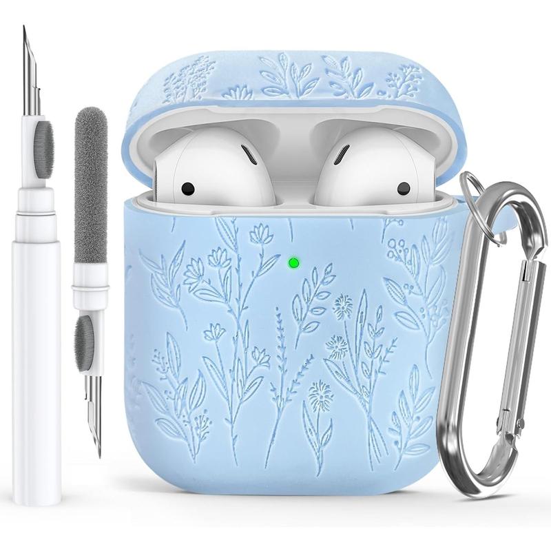 Flower Engraved Airpods Case Cover with Cleaner Kit, Soft Silicone Airpods 2nd Generation Case for Apple Airpod Case 2nd 1st Gen Charging Case,Front LED Visible, Pine Green Protection Protection