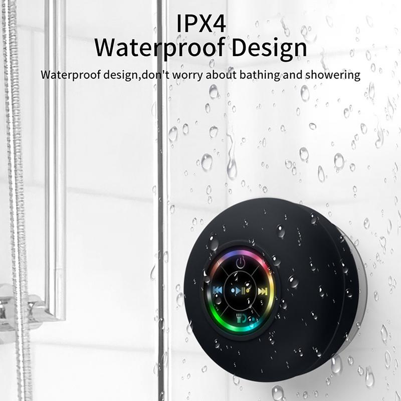 Mini Bluetooth shower speaker with variable LED lights, iPX4 waterproof, hands-free speaker, wireless stereo rechargeable, suitable for beaches, showers, and homes, a must-have for families