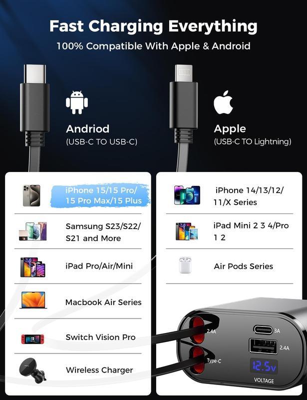 4 in 1 Retractable Car Charger, Car Accessories, 2 Fast Charging cables&Dual Charge Port Compatible with iPhone 16 15 14 13 12 11 Pro Max Plus iPad AirPods, Samsung Galaxy S series, Electronic