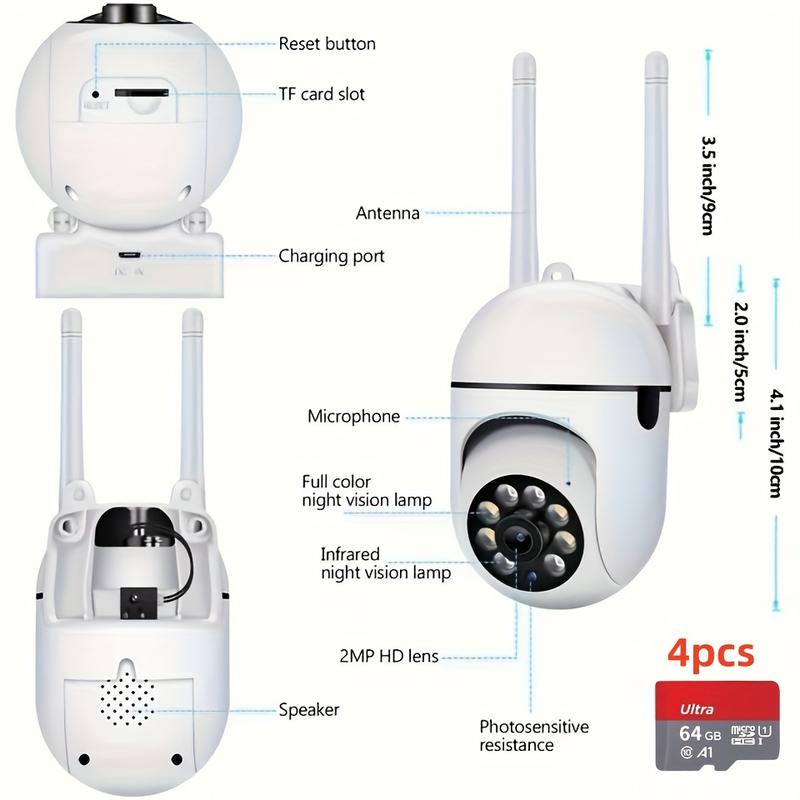 [With 64G Card]4Pcs-HD 1080P WIFI Surveillance Camera, Indoor And Outdoor Long Range HD Night Vision Camera, 355 Degree Intercom Home Security Camera, 2.4G Home Security System, AI Mobile Detection, Two-Way Audio, Color Night Vision, Home Surveillance Sec