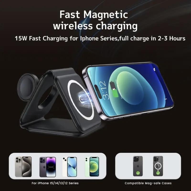  3 in 1 Wireless Charger for iPhone, Not suitable for Android, Magnetic Foldable 3 in 1 Charging Station, Travel Charger for Multple Devices for iPhone 16 15 14 13 12, for AirPods 4 3 Pro, for iWatch, Christmas Gifts（black%white）