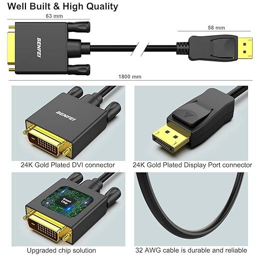 BENFEI DisplayPort to DVI 6 Feet Cable, DisplayPort to DVI Adapter Male to Male Gold-Plated Cord Accessories Connector Connection Plug