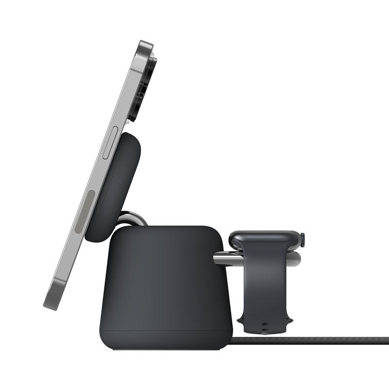 Belkin BoostCharge Pro 2-in-1 Wireless Charger Dock, StandBy Charging Stand, 15W MagSafe Fast Charging, Adjustable Viewing Angle, Non-slip Weighted Base, 30W Power Supply & Premium Braided USB-C Cable Incl, Recycled Materials, Charcoal & Sand Colors.