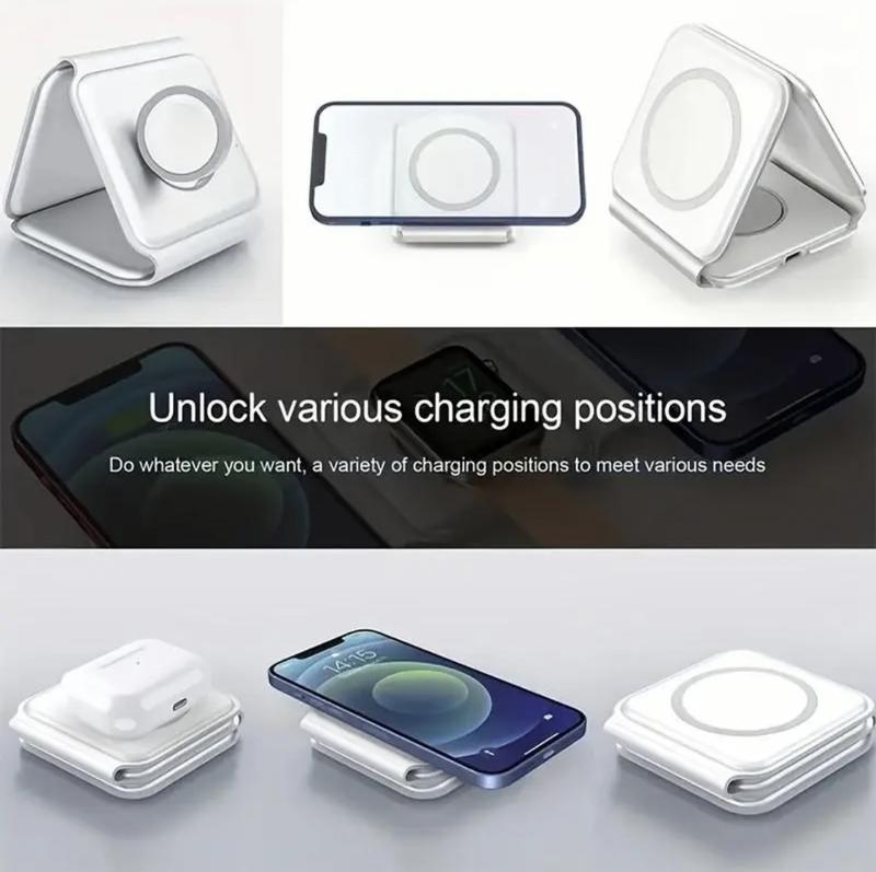  3 in 1 Wireless Charger for iPhone, Not suitable for Android, Magnetic Foldable 3 in 1 Charging Station, Travel Charger for Multple Devices for iPhone 16 15 14 13 12, for AirPods 4 3 Pro, for iWatch, Christmas Gifts（black%white）