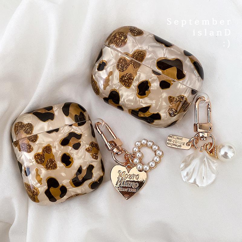 New Leopard Print Earphone For Airpods 1 2 3 Pro Protective Cover For Apple Airpods Pro2 Case with Pearl Heart Shell Keychain