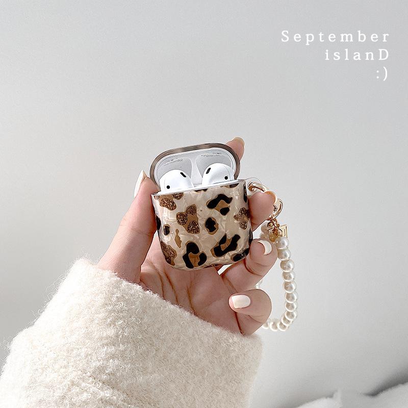 New Leopard Print Earphone For Airpods 1 2 3 Pro Protective Cover For Apple Airpods Pro2 Case with Pearl Heart Shell Keychain