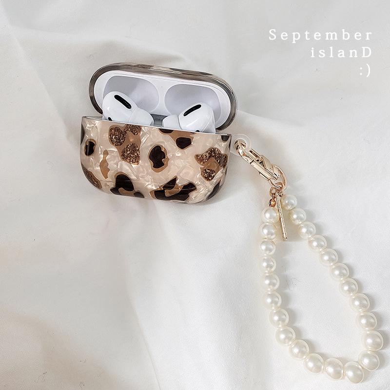 New Leopard Print Earphone For Airpods 1 2 3 Pro Protective Cover For Apple Airpods Pro2 Case with Pearl Heart Shell Keychain