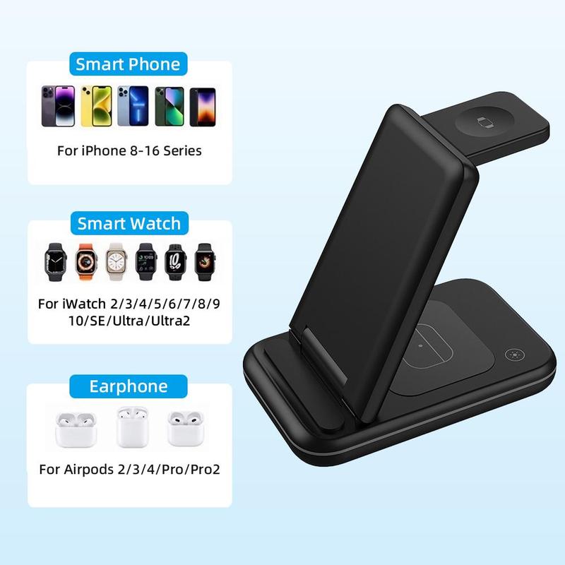 3-in-1 Wireless Charger Stand, 15W Fast Charging Charger with LED Lamp, Foldable Charger Stand for iPhone & Apple Watch & AirPods Pro