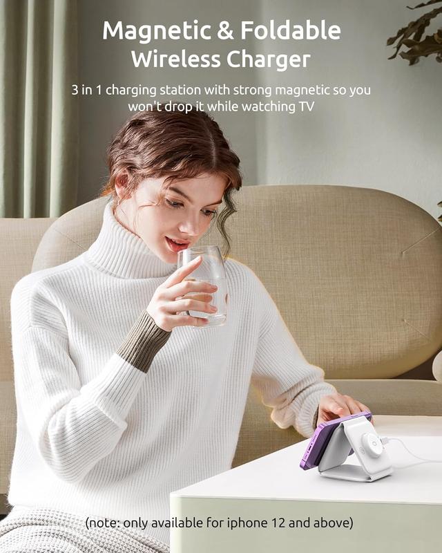  3 in 1 Wireless Charger for iPhone, Not suitable for Android, Magnetic Foldable 3 in 1 Charging Station, Travel Charger for Multple Devices for iPhone 16 15 14 13 12, for AirPods 4 3 Pro, for iWatch, Christmas Gifts（black%white）