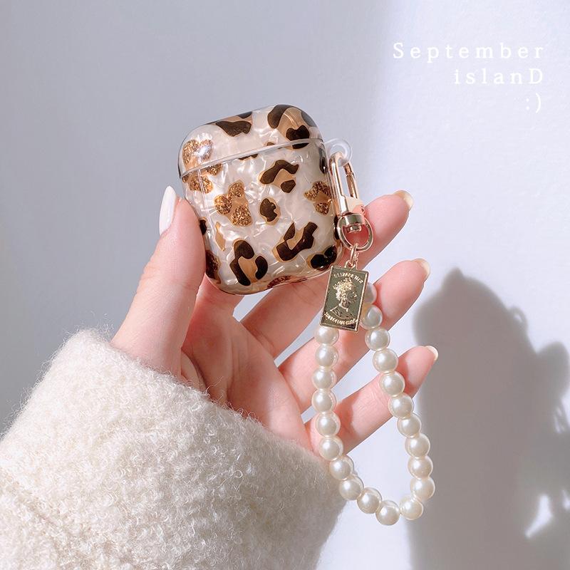 New Leopard Print Earphone For Airpods 1 2 3 Pro Protective Cover For Apple Airpods Pro2 Case with Pearl Heart Shell Keychain