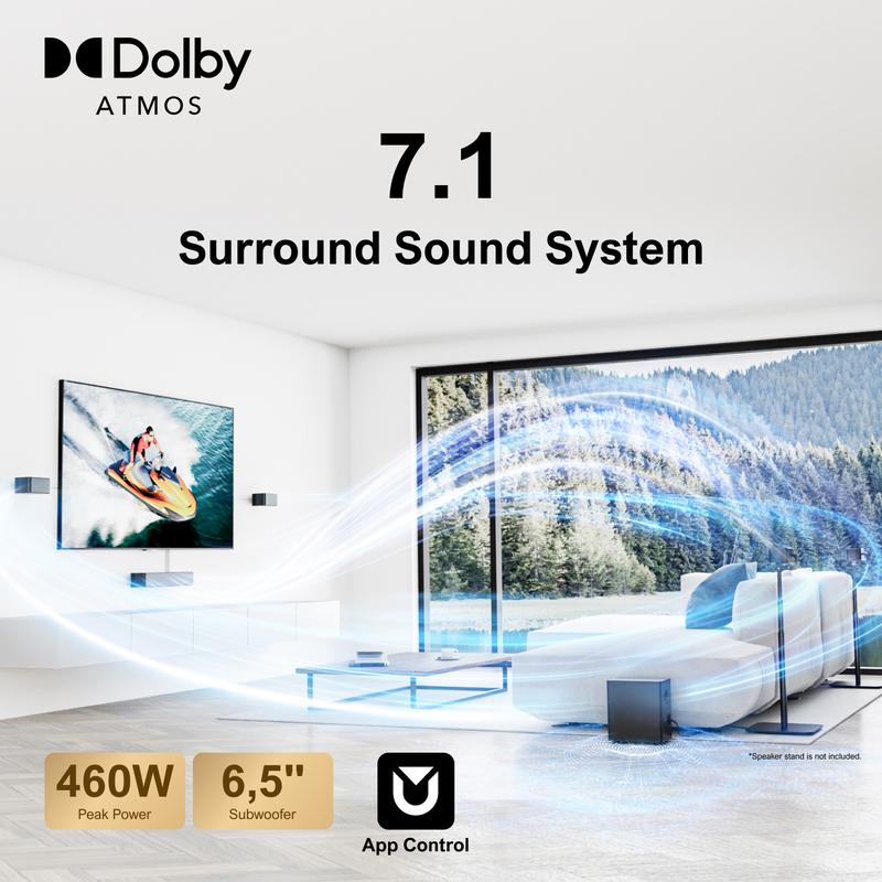 ULTIMEA 7.1Ch Sound Bar with Dolby Atmos, APP Control,Surround Sound System for TV.4 Wired Surround Speakers.Sound Bar for Smart TV with 6.5