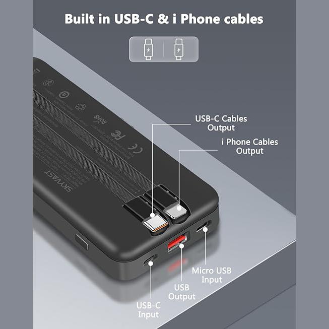 Portable Charger, 10000mAh 20000mAh Power Bank with 2 built-in cables, 22.5W fast charging, screen display. Compatible with iPhone, iPad, Samsung, Google Pixel, LG, and more