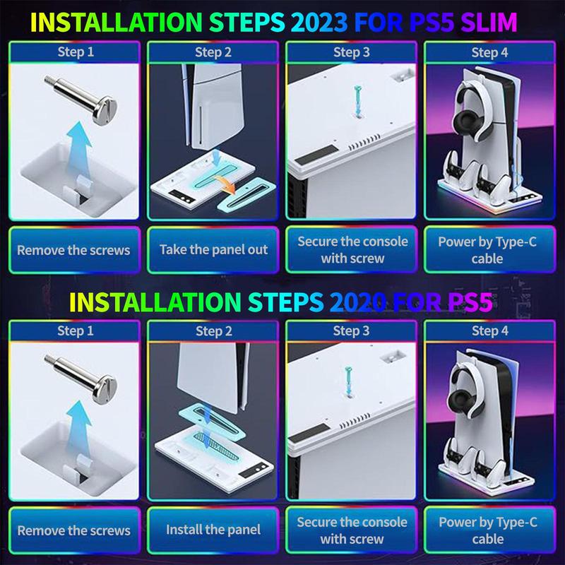 Multifunctional Cooling Station for PS5 PS5 Slim, Console Stand with Controller Charging Station, Console Accessories for PlayStation 5 Slim & Standard Disc Digital Console