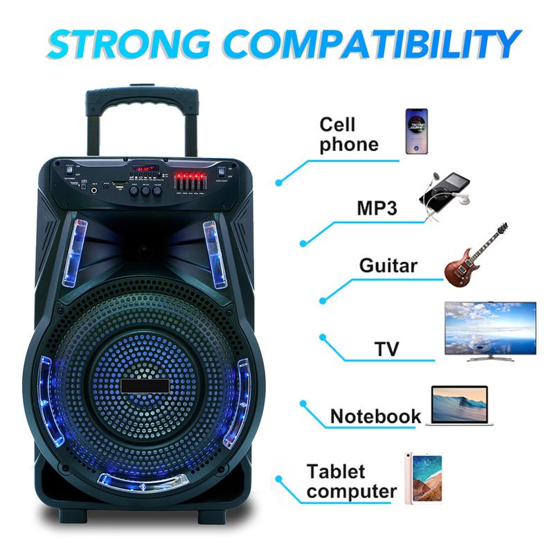 Wireless Party Speakers 15 inch Portable loud PA Speaker With Stands Rechargeable Karaoke DJ Subwoofer Microphone Remote Control Bluetooth FM Radio LED Lighting