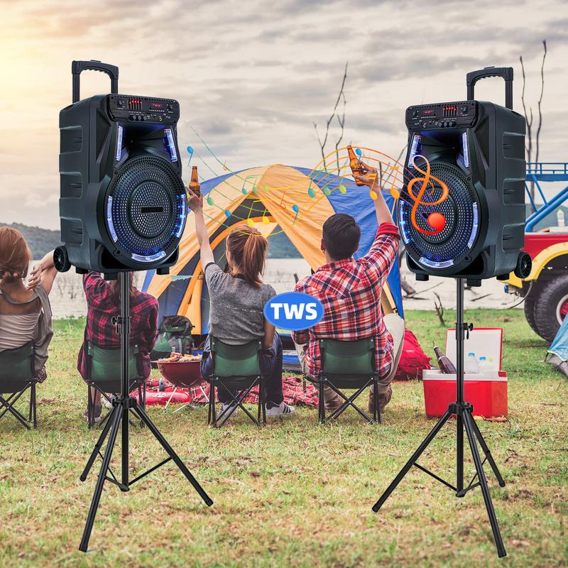 Wireless Party Speakers 15 inch Portable loud PA Speaker With Stands Rechargeable Karaoke DJ Subwoofer Microphone Remote Control Bluetooth FM Radio LED Lighting