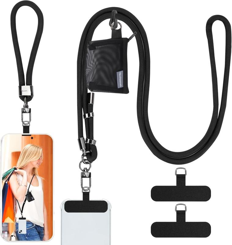 Phone Lanyard and Wrist Straps, Adjustable Cell Phone Lanyard Crossbody with Detachable Wallet, 8mm Thick iPhone Lanyard for Around the Neck (Black+Wallet)