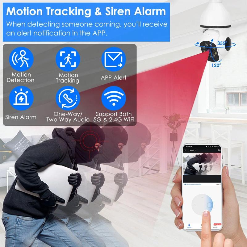 1080P Indoor Security Camera, FHD WiFi Light Bulb Camera, 360° Wireless Surveillance for Indoor and Outdoor Use, Motion Detection, Two-Way Audio, APP Control, Color Night Vision, Siren Alarm, White