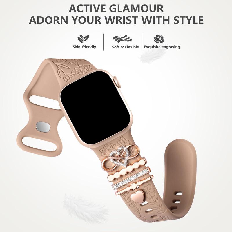 Flower Engraved Smart Watch Band Charms Decorative Rings for Apple Watch, Smartwatch Band Clips, Watch Band Charms for iWatch Series 9 8 7 6 5 4 3 2 1 SE, Smartwatches Accessories (Watch Band Not Included)