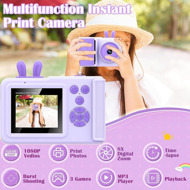 Kids Camera Instant Print,1080P Kids Instant Toddler Camera for Kids That Print Photos, Christmas Birthday Gifts for Girls, Digital Camera Toy for 3 4 5 6 7 8 9 10 Year Old Boys SD Card (Purple)