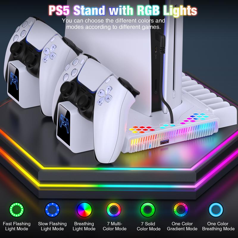 PS5 Stand and Cooling Station with Controller Charging Station for PS5 Slim, PS5 Accessories 3 Levels Cooling Fan, RGB Light, 15 Game Storage, Headset Holder for Playsation 5 Digital Disc