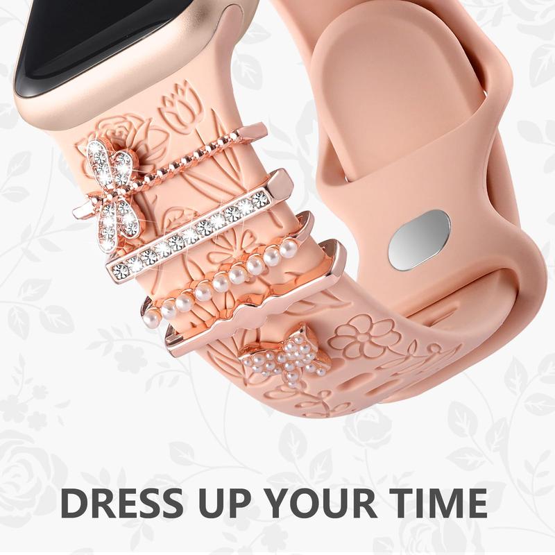 Flower Engraved Smart Watch Band Charms Decorative Rings for Apple Watch, Smartwatch Band Clips, Watch Band Charms for iWatch Series 9 8 7 6 5 4 3 2 1 SE, Smartwatches Accessories (Watch Band Not Included)