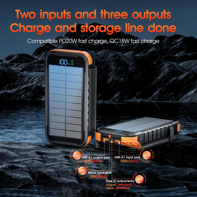 20000mAh Solar Powered Power Bank, 1 Count 4 Folding Solar Panels Fast Charging Mobile Power Bank with Dual Bright Lights, Compatible with iPhone, Galaxy, iPad