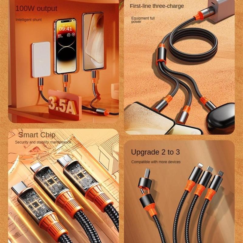 100W 3 in 1 Multi-function Charging Cable, High Speed Data Transfer & Charging Cable, Universal Mobile Phone Accessories Compatible with iPhone & Android