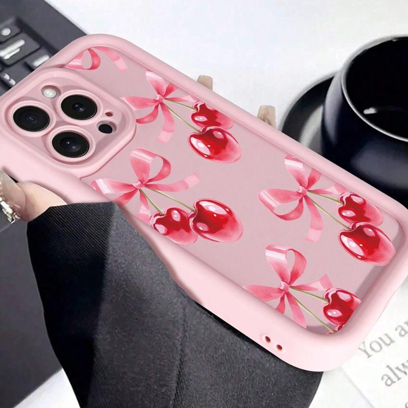 Cherry & Bowknot Pattern Phone Case, Cute Decorative Phone Protector Cover, Anti-drop Cellphone Protective Case, Total Protective Shockproof Mobile Phone Cover for iPhone