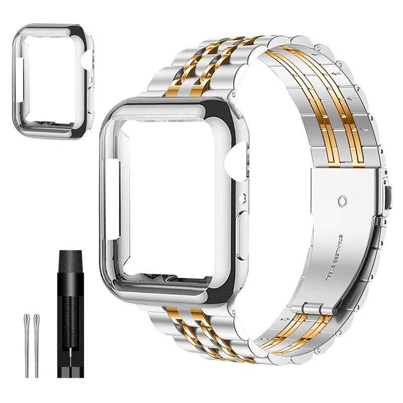 Watch Band with Protective Case, Stainless Steel Watch Band Set, Watch Accessories for Apple Watch 38mm to 49mm, Compatible with iWatch Series 9 8 7 6 5 4 3 2 1 SE SE2