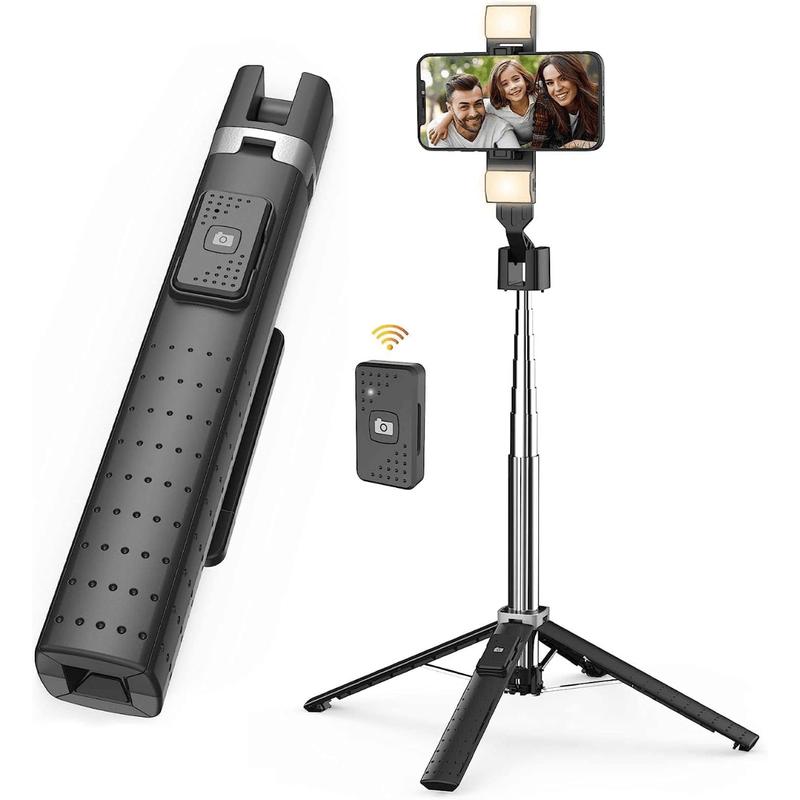 [Fast Delivery] 41” Selfie Stick Tripod Quadrapod with 2 Rechargeable Fill Light, Extendable Tripod with Bluetooth Remote, Stainless Steel, 3 Light Modes, 9 Brightness Levels, Compatible for All iPhone & Android