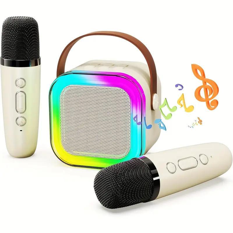 Portable Mini Karaoke Speaker with 2 Microphones, Rechargeable Wireless Outdoor Speaker with RGB Light, 3D Surround Sound Home Singing Karaoke Wireless Outdoor Audio Speaker for Smartphone, PC & More