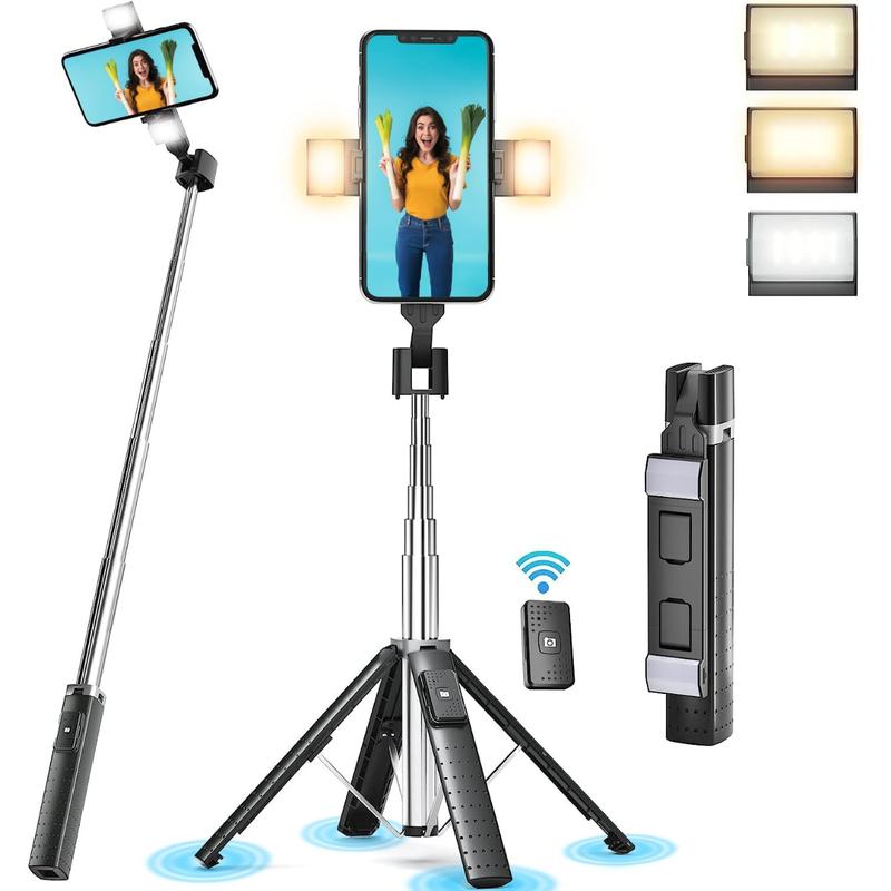 [Fast Delivery] 41” Selfie Stick Tripod Quadrapod with 2 Rechargeable Fill Light, Extendable Tripod with Bluetooth Remote, Stainless Steel, 3 Light Modes, 9 Brightness Levels, Compatible for All iPhone & Android