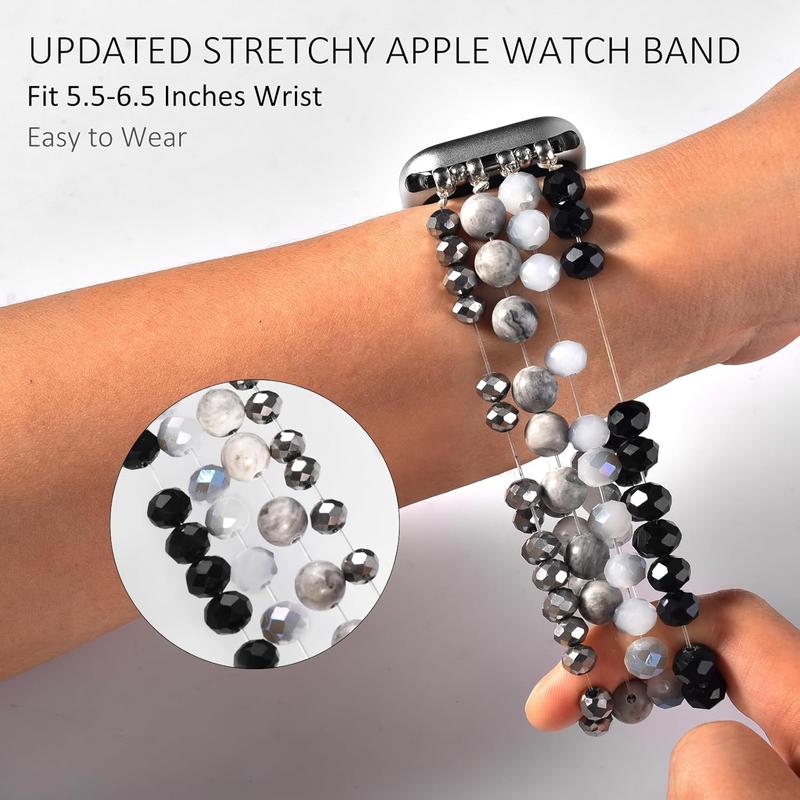 Bracelet Compatible with Apple Watch Band 42mm 44mm 45mm Women, Stretchy Beaded Dressy iPhone Watch Bands Cute Boho Straps Jewelry for iWatch Bands Series 10 9 8 7 6 5 4 3 2 1 SE, Grey Black