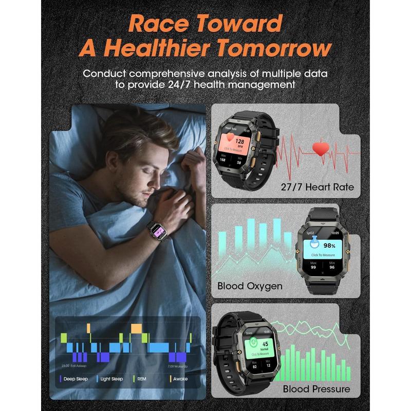 Military Smart Watches for Men (Answer Make Calls), 2.02'' Fitness Smart Watch for Android and iPhone, Waterproof Fitness Tracker with Blood Pressure Heart Rate Sleep 100+ Sport Modes, Watches for Men