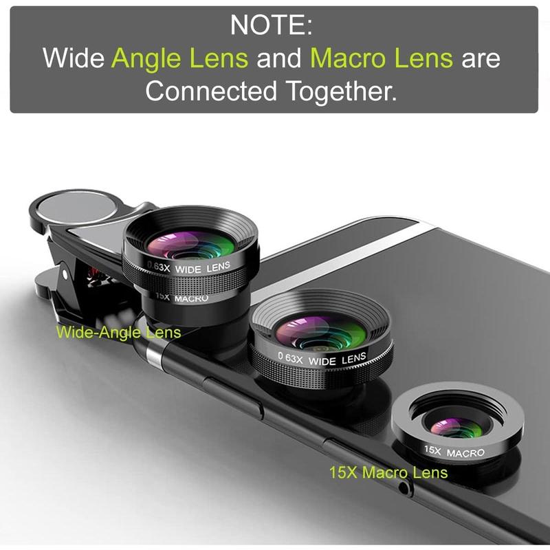 3 in 1 Universal 198° Fish Eye Lens + 0.63X Wide-Angle Lens + 15X Macro Clip Camera Lens Kit for iPad iPhone Samsung Android and Most Smartphones (Black 3-in-1 (Upgrade))