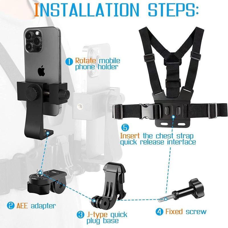 Mobile Phone Chest Strap Harness Mount, Phone Head Strap Holder Kit for Gopro, Neck Cell Phone Holder, POV Vlog Selfie Mount, Universal Car Accessories, Phone Accessories