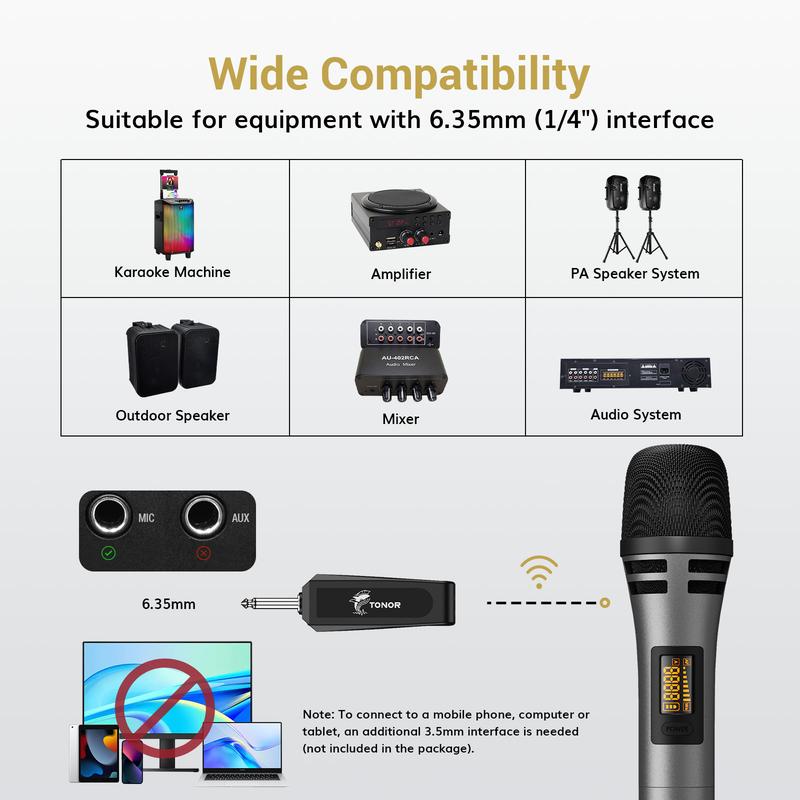 TONOR TW320 Wireless Microphones, UHF Dual Karaoke Microphone System, Microfonos Inalambricos with Rechargeable Receiver, Cordless Dynamic Mic Micro Set for Singing, Wedding, DJ, Party, Speech